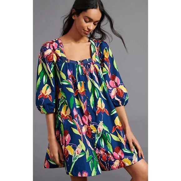 Anthropologie Tops - Anthropologie Maeve Dress L Tabitha Floral Swing Tunic Buttons Spring Easter